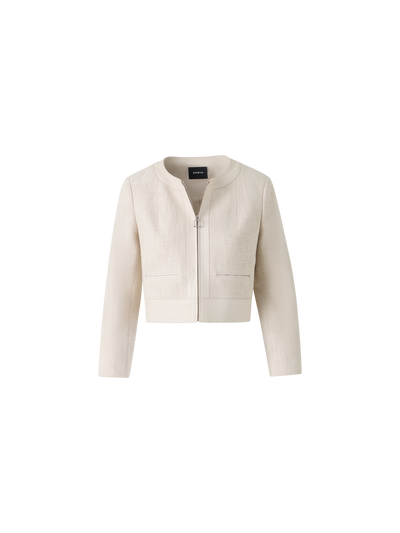 Designer Short Jacket in Cotton Denim with Leather Trim - neutral - ecru - white