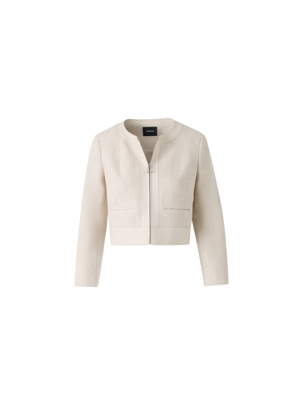 Designer Short Jacket in Cotton Denim with Leather Trim - neutral - ecru - white