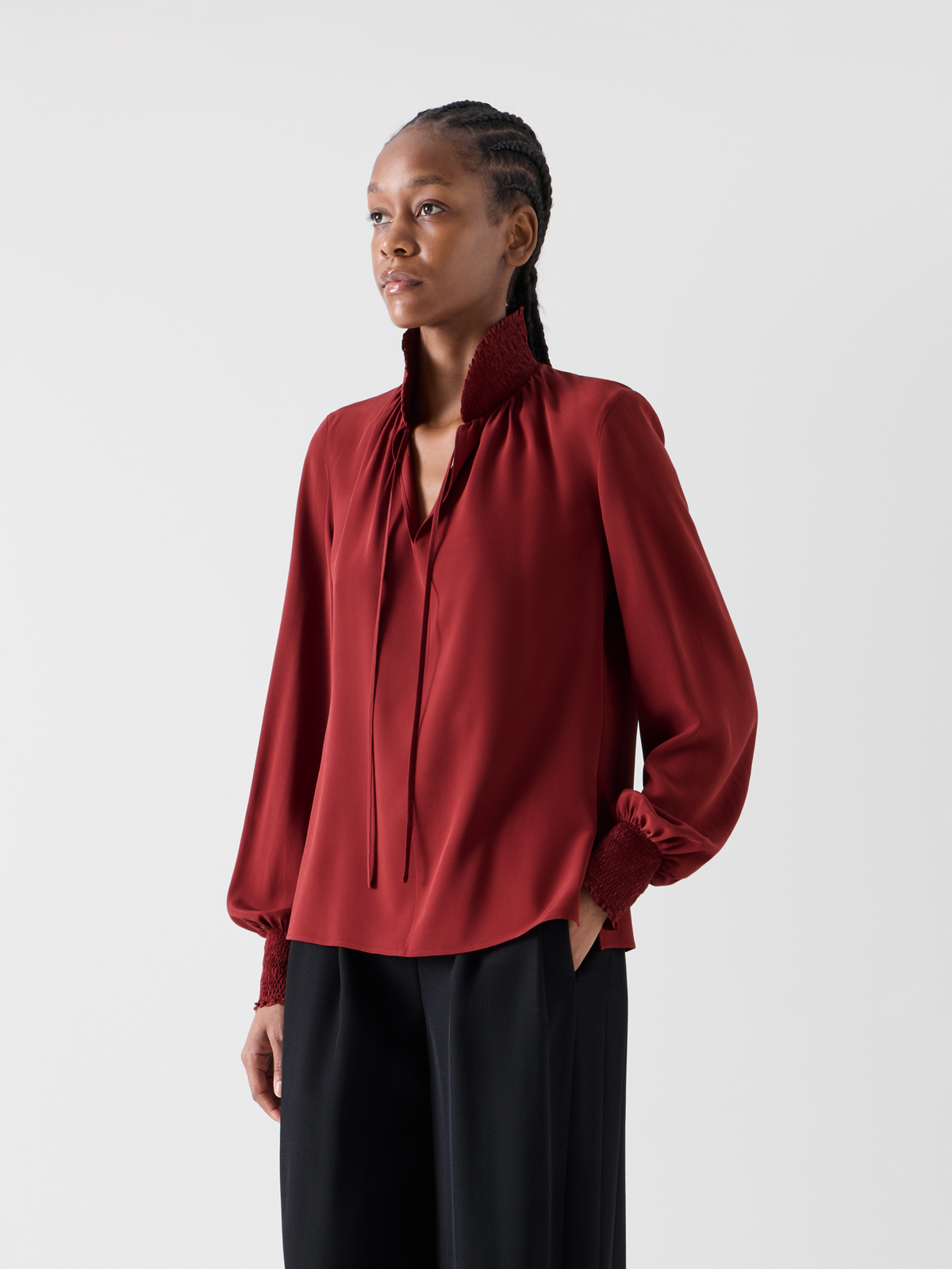 Designer Boho Silk Crêpe Blouse with Smocked Details - wine - red 
