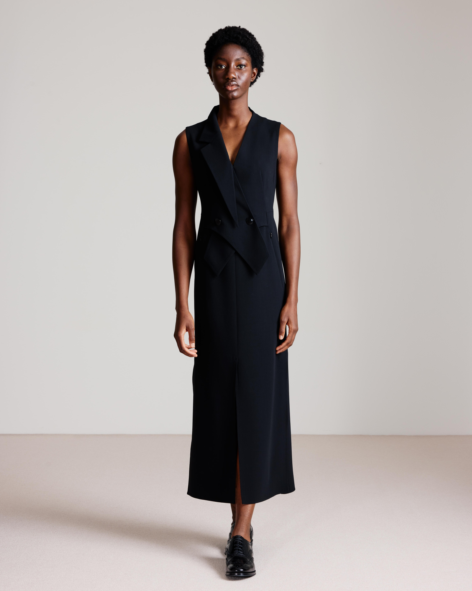 designer sleeveless dresses Long Sleeveless Pleated Dress with Sheer Panel by Elizabeth K GL2365