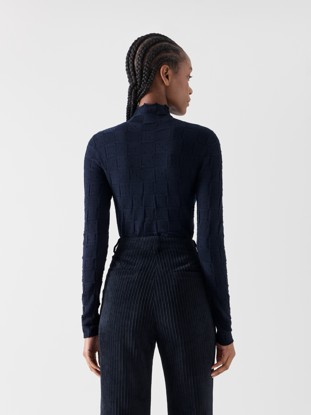 Designer Fitted Wool Sweater with 3D Dice Knit - navy 