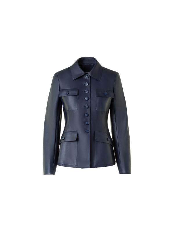 Designer Fitted Leather Jacket with Patch Pockets - neutral - navy - blue