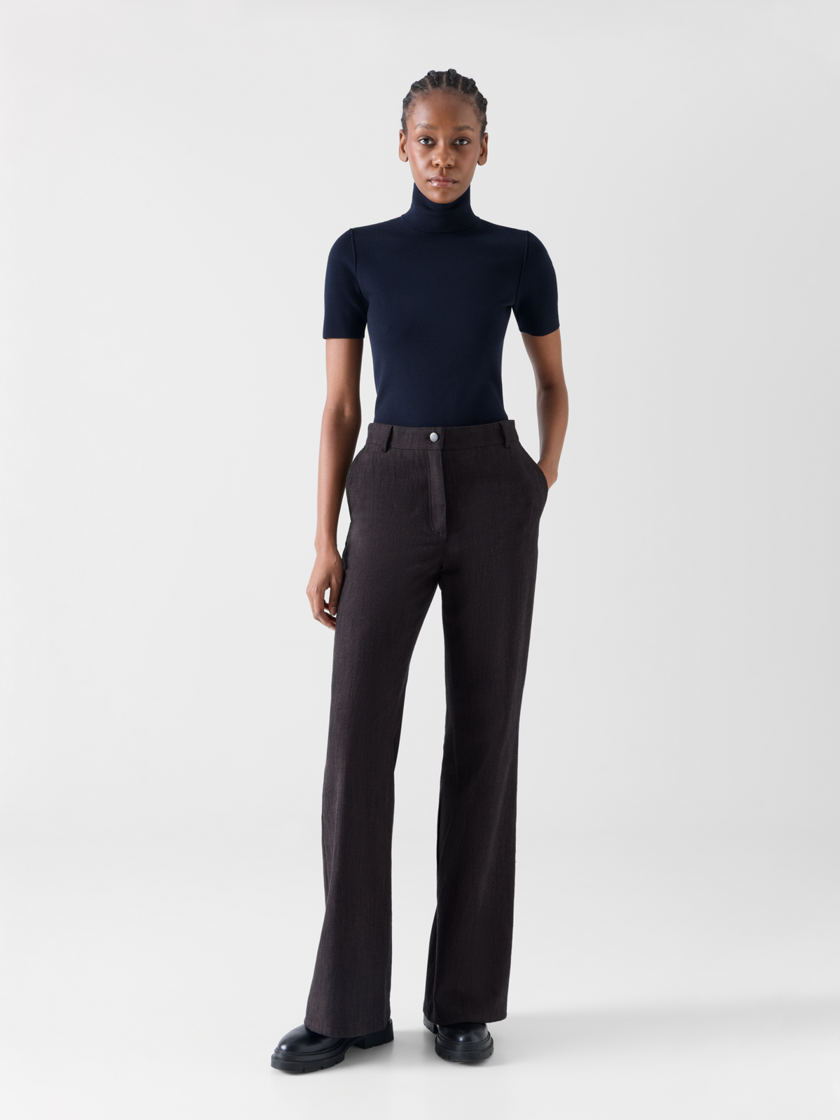 Designer Bootcut Pants in Brushed Winter Denim - brown #editorial