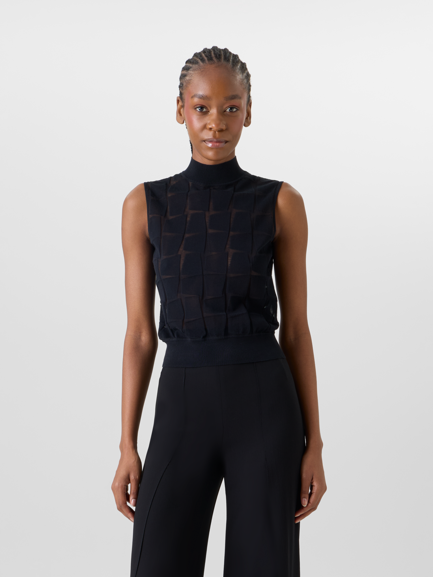 Designer Sleeveless Trapezoid Jacquard Knit Top - black 