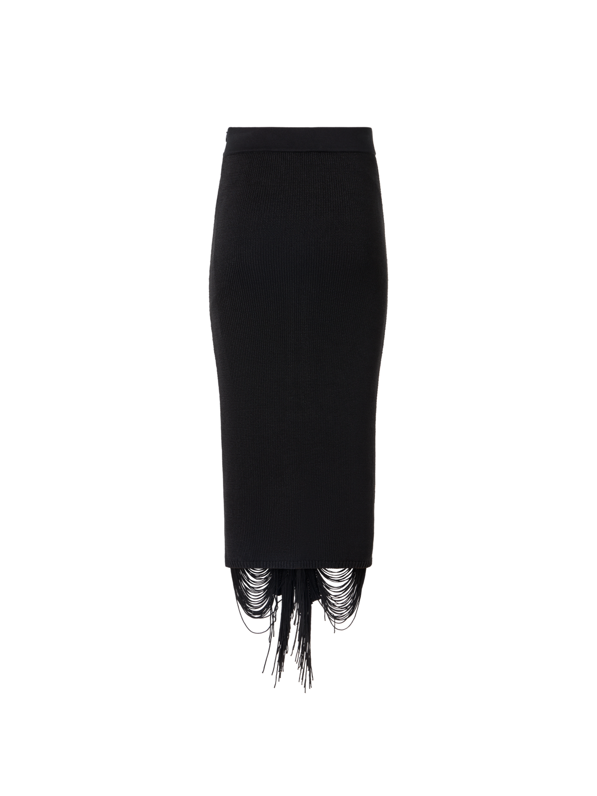 Designer Fitted Fringe Drape Silk Knit Pencil Skirt - black