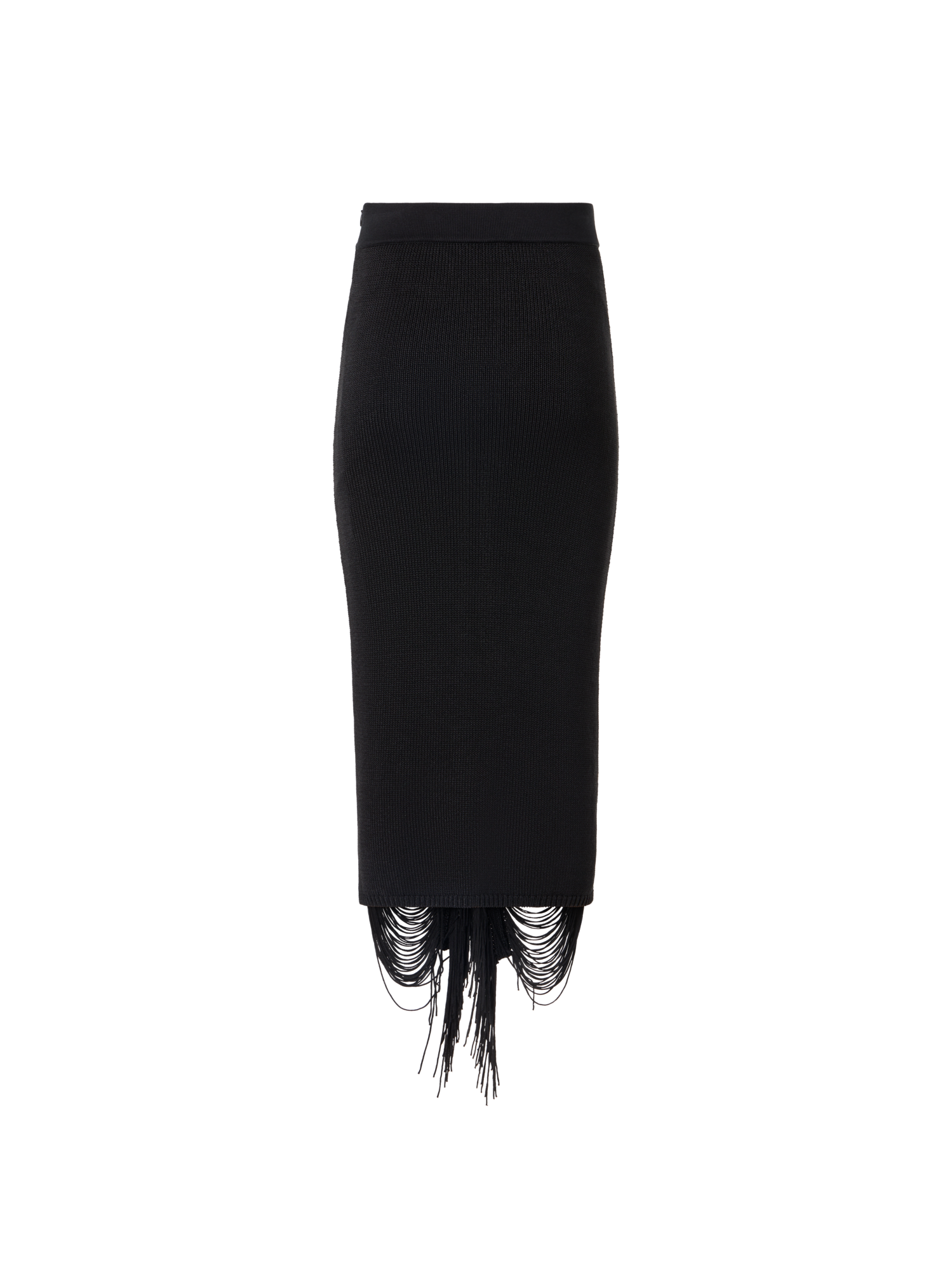 Designer Fitted Fringe Drape Silk Knit Pencil Skirt - black