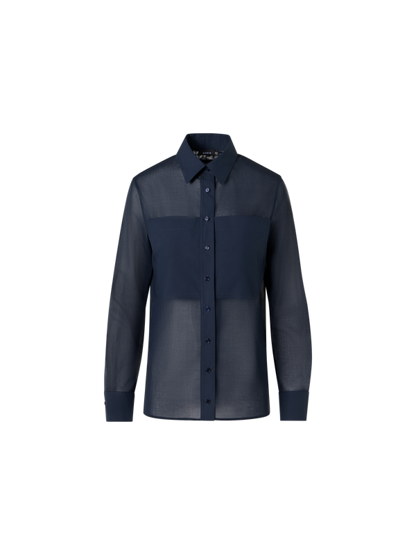 Designer Cotton Voile Tunic Blouse with Poplin Breast Pockets - blue