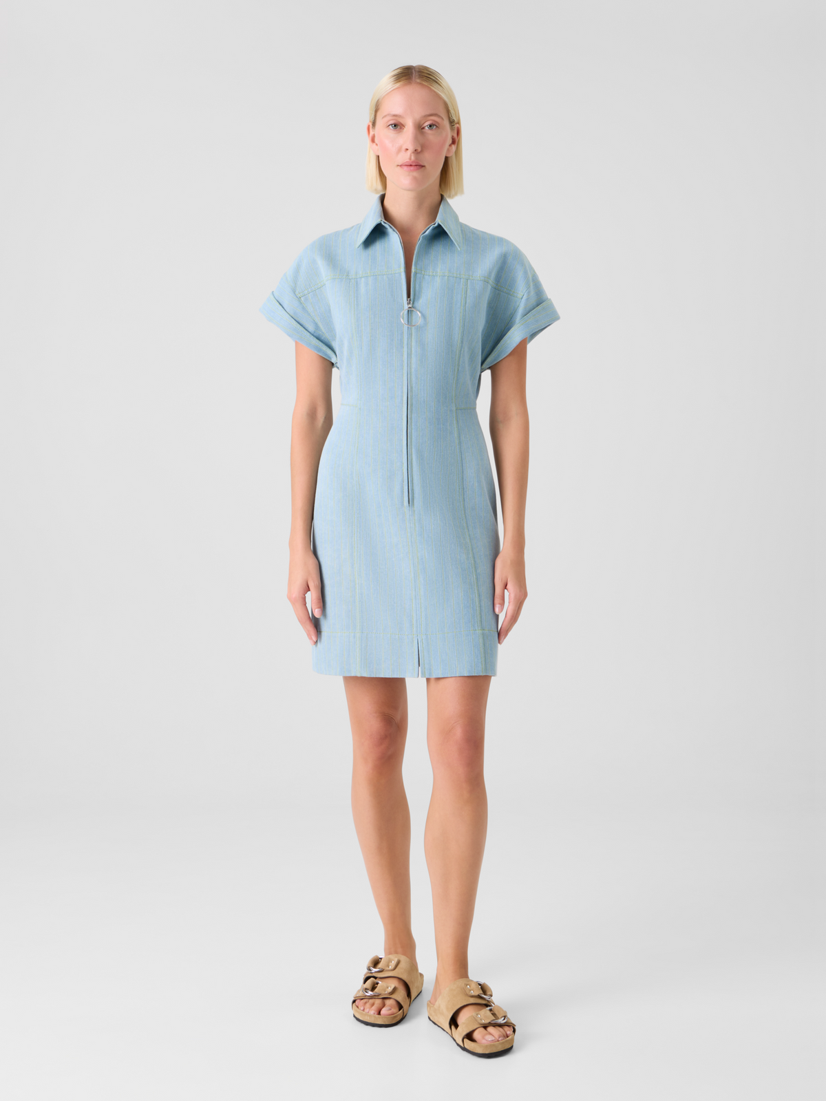 Designer Fitted Pinstripe Denim Mini Shirt Dress - blue