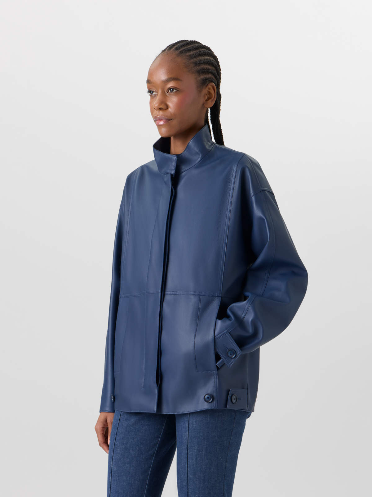 Designer Huma Jacket in Lacquered Leather - blue #editorial