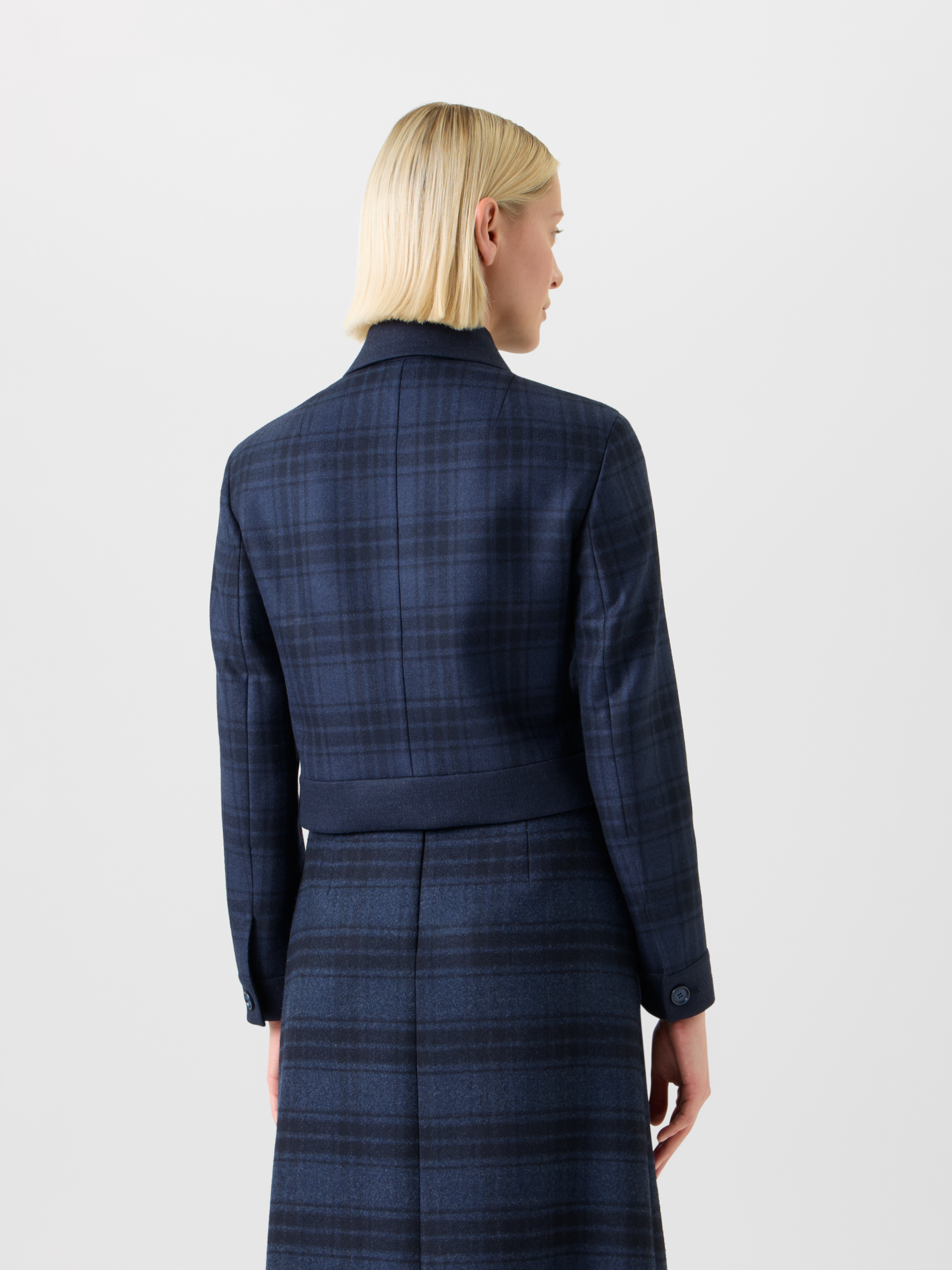 Designer Short Wool Double-Face Plaid Jacket - neutral - navy - blue 