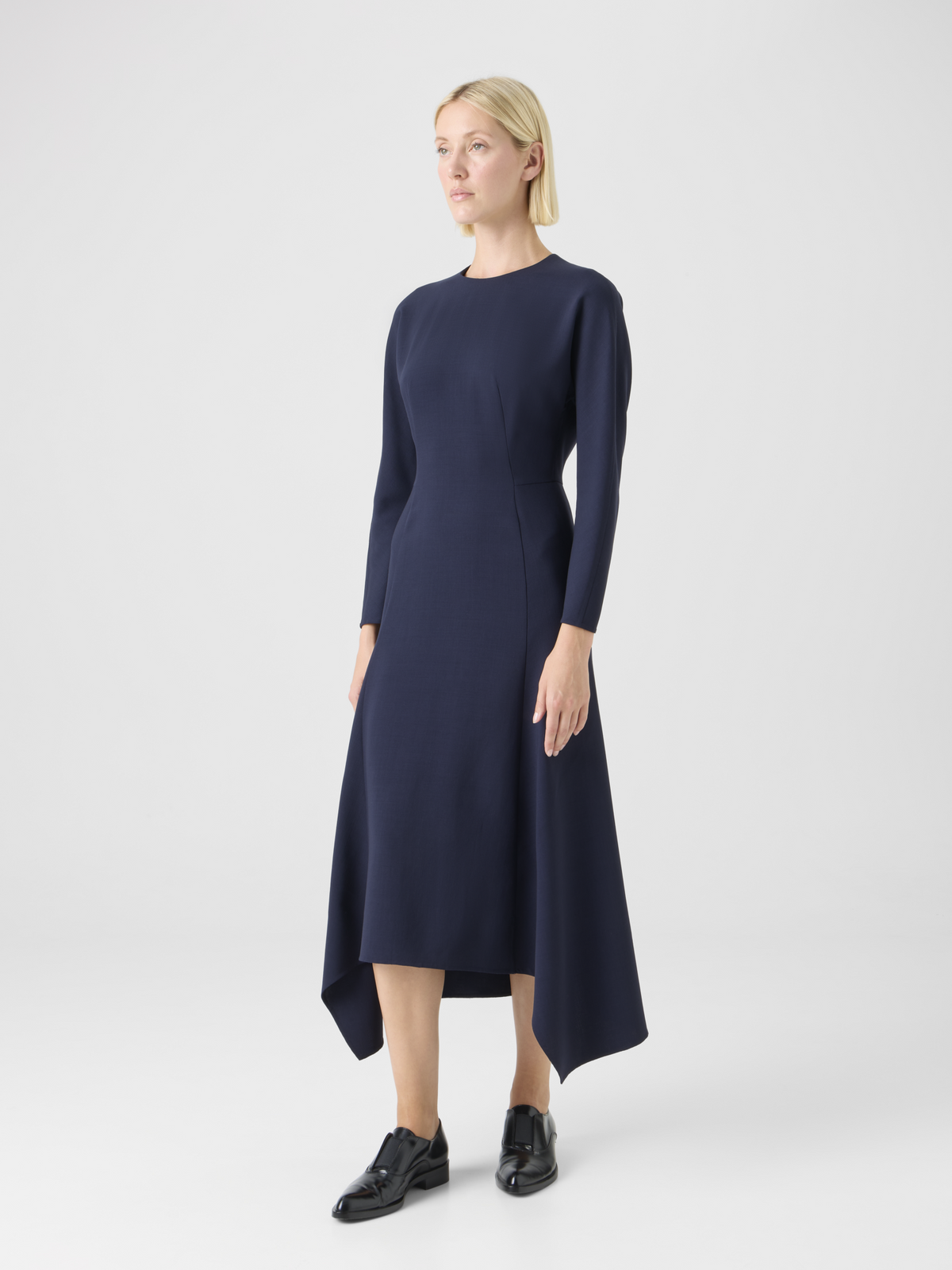 Designer Asymmetrical Cool Wool Midi Dress - navy - blue #editorial