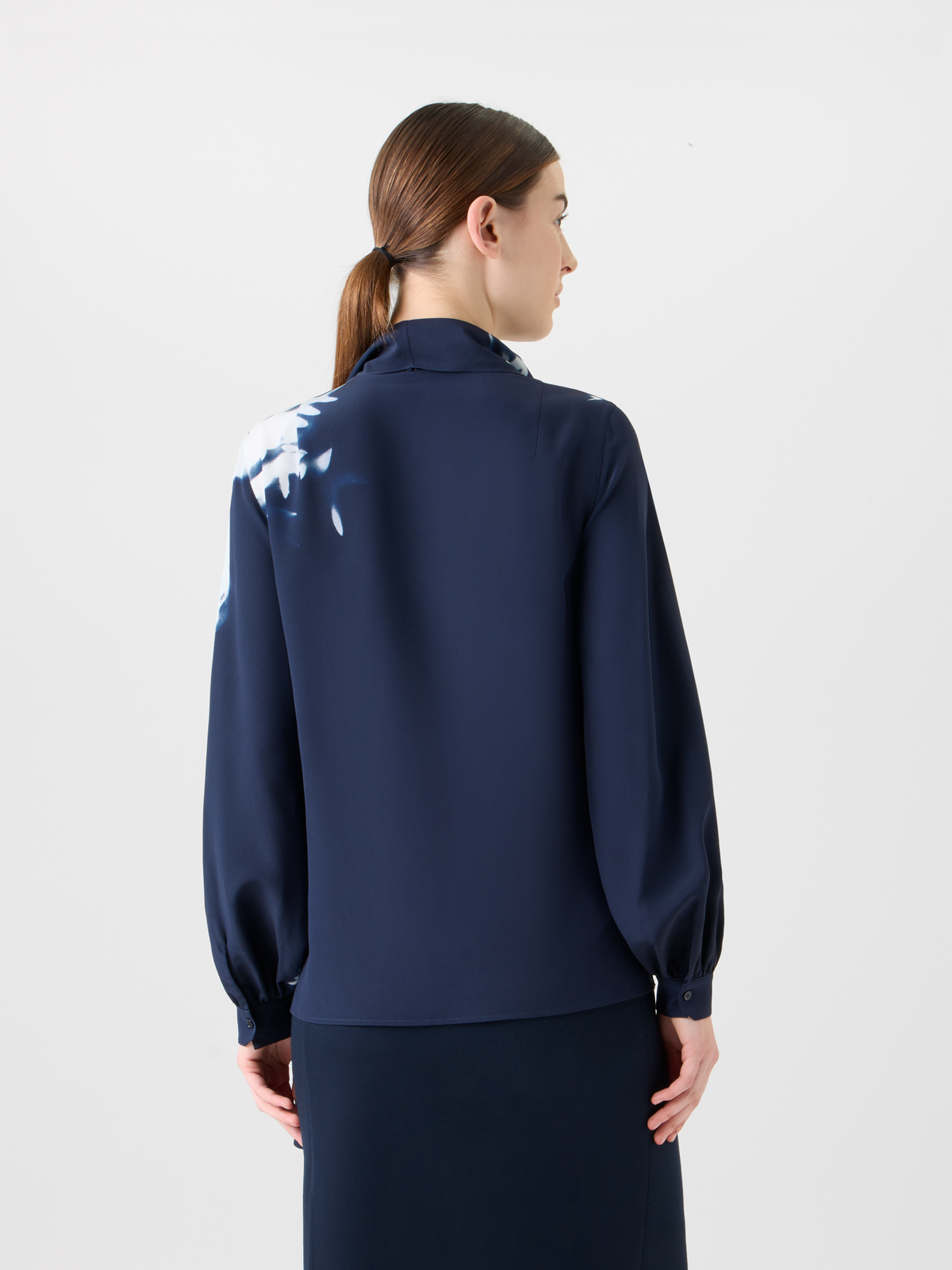 Designer Tie Neck Silk Blouse in Wildflower Print - neutral - navy - blue - multicolor #editorial