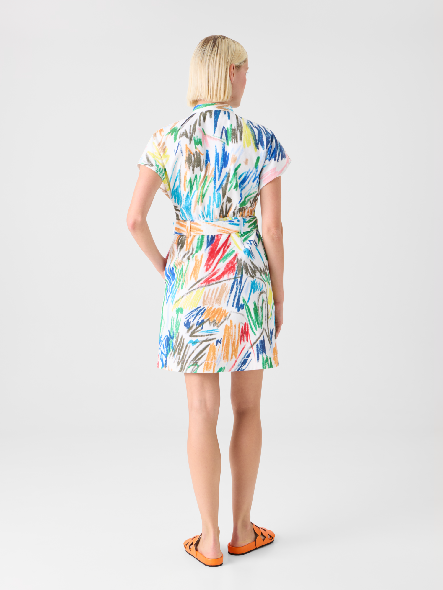 Designer Belted Scribble Print Cotton Denim Mini Dress - multicolor - ecru