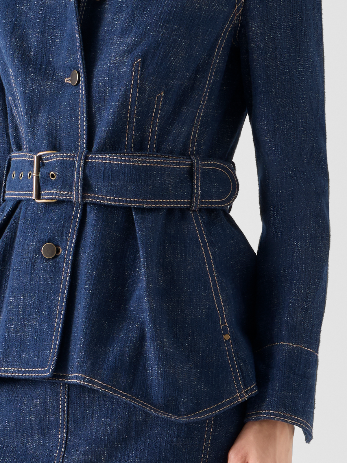 Designer Belted Jacket in Brushed Winter Denim - navy #editorial
