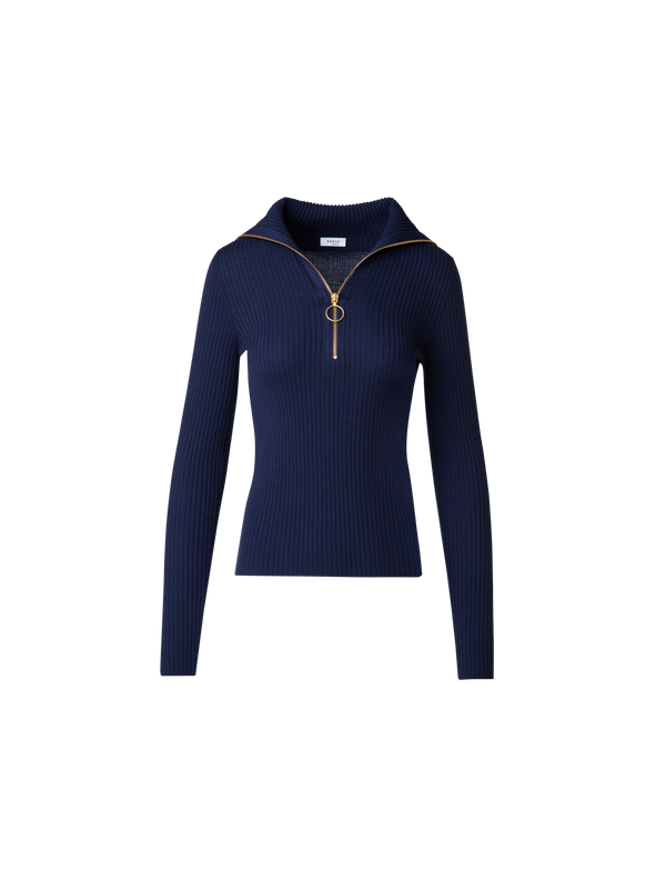 Designer Ribbed Merino Sweater with XL-Collar - navy - blue