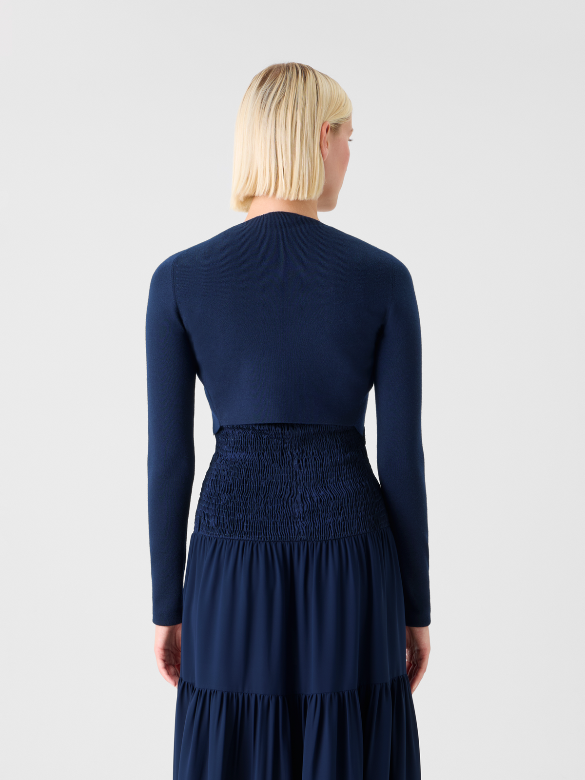 Designer Merino Wool Cropped Bolero Cardigan - navy - blue #editorial