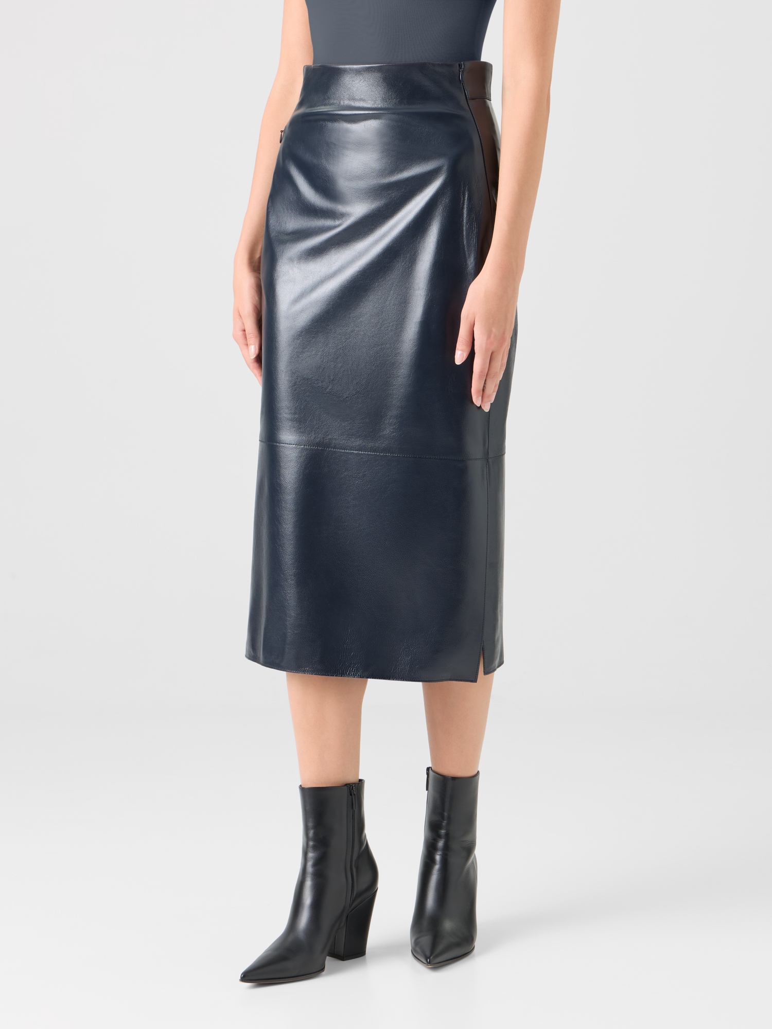 Designer Lacquered Nappa Leather Midi Pencil Skirt - navy 
