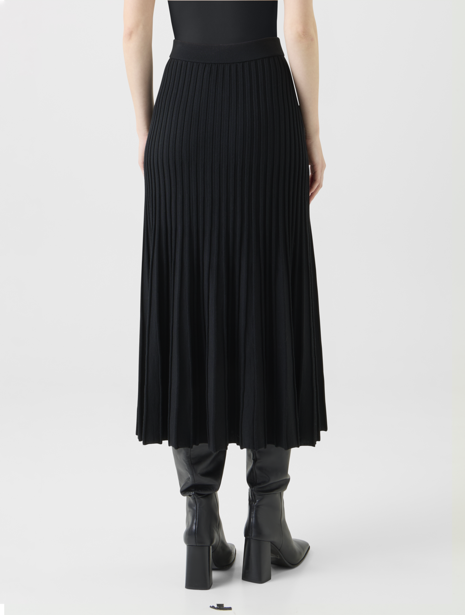 Designer A-Line Merino Wool Rib Knit Pleated Midi Skirt - black - neutral 