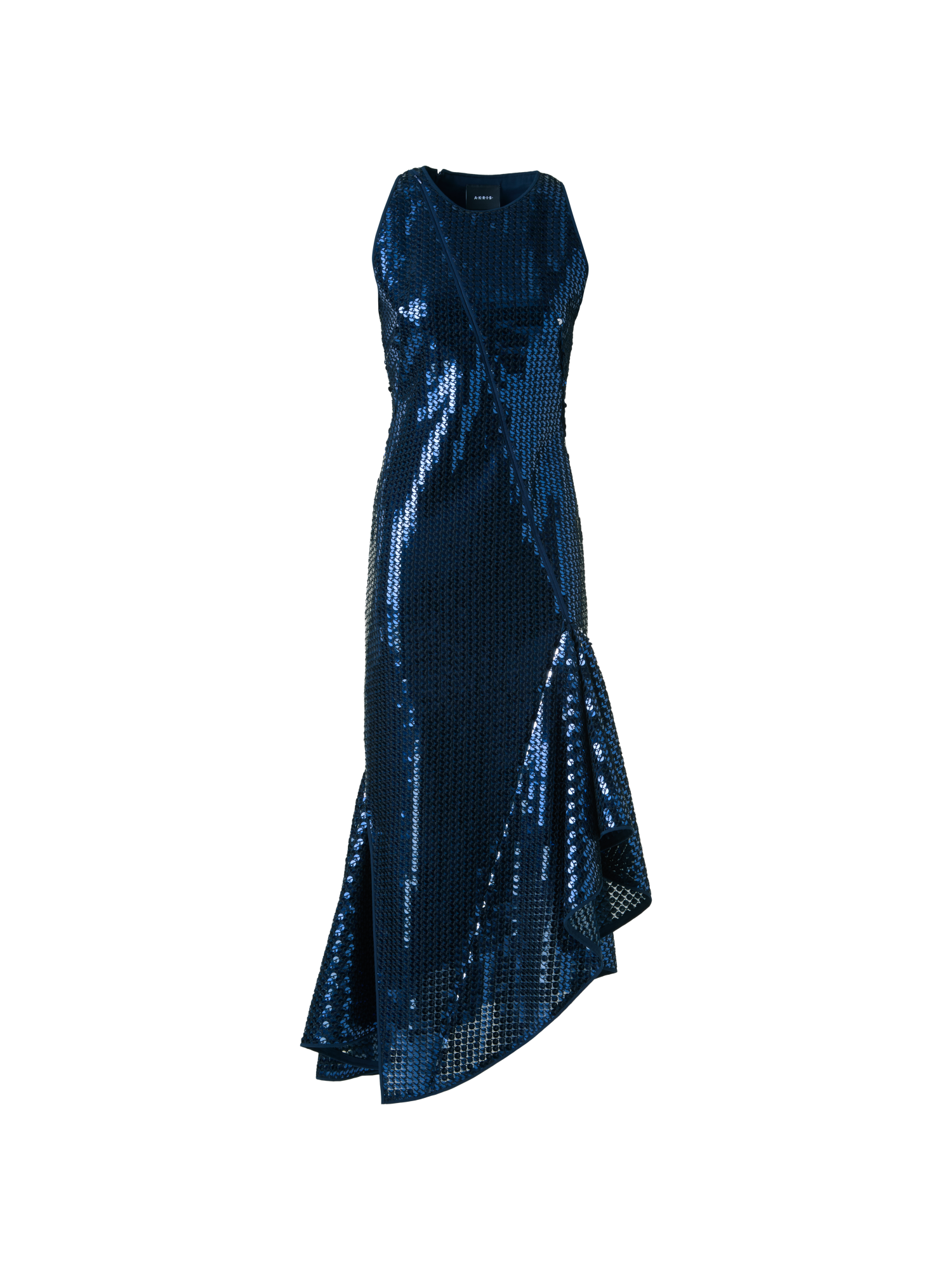 Designer Asymmetrical Sequin Dress with Flounce Hem - neutral - navy - blue