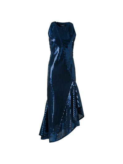 Designer Asymmetrical Sequin Dress with Flounce Hem - neutral - navy - blue