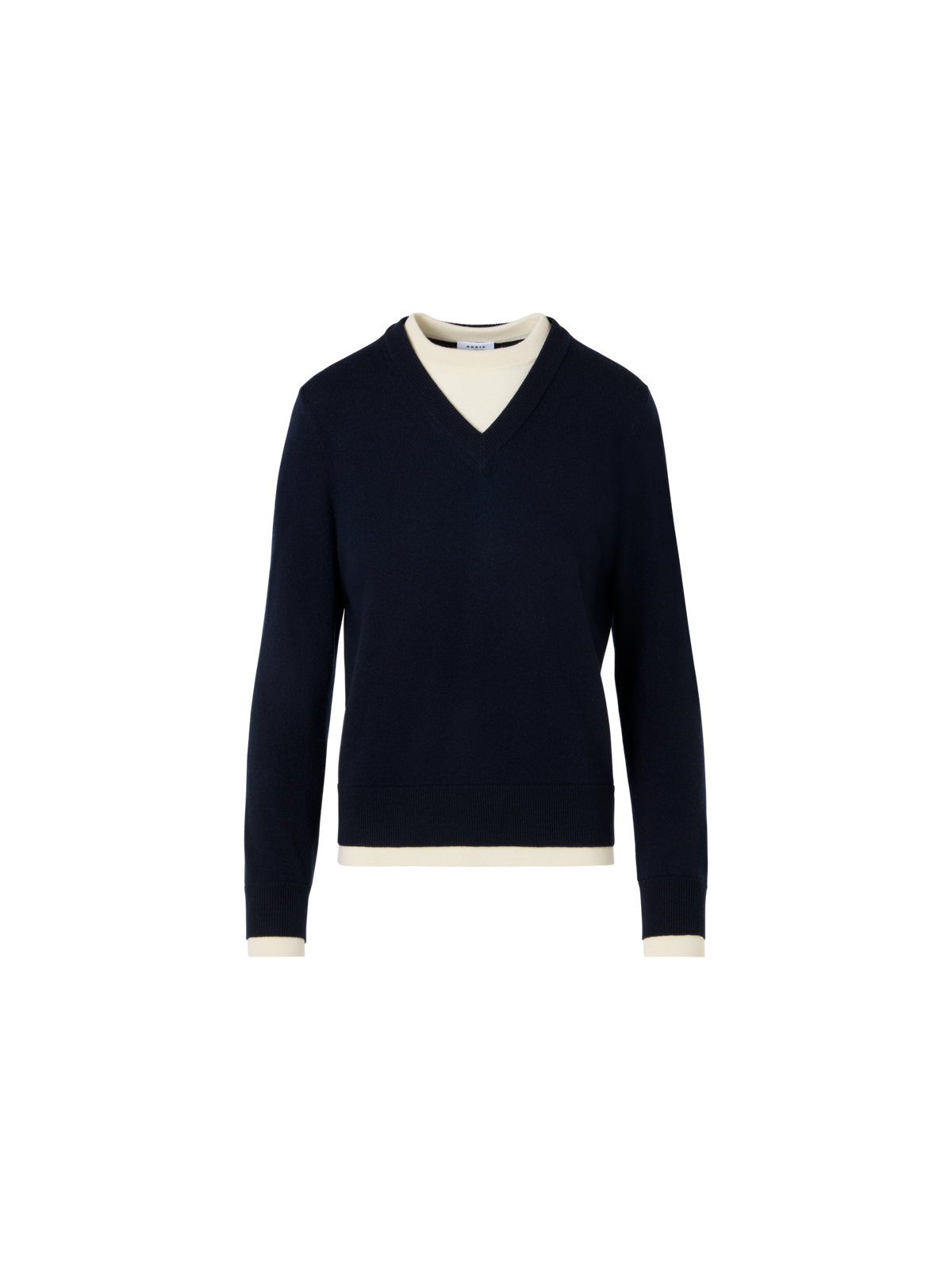 Designer Wool Cashmere Sweater with V-Neck Trompe l'Oeil - navy