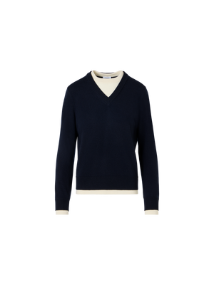 Designer Wool Cashmere Sweater with V-Neck Trompe l'Oeil - navy