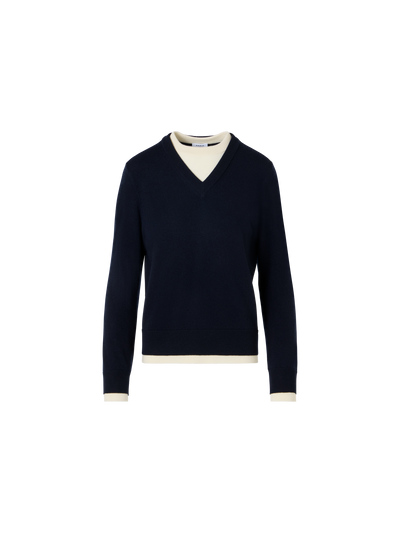 Designer Wool Cashmere Sweater with V-Neck Trompe l'Oeil - navy