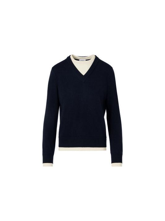 Designer Wool Cashmere Sweater with V-Neck Trompe l'Oeil - navy