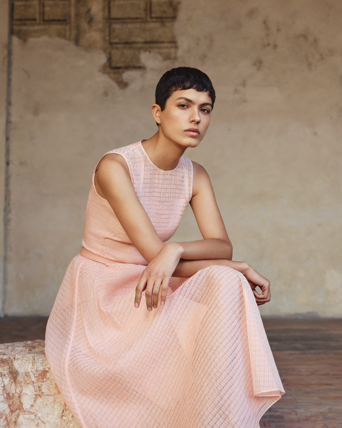 Designer Fit-and-Flare Midi Dress in Cotton Organza - pastel - pink #editorial