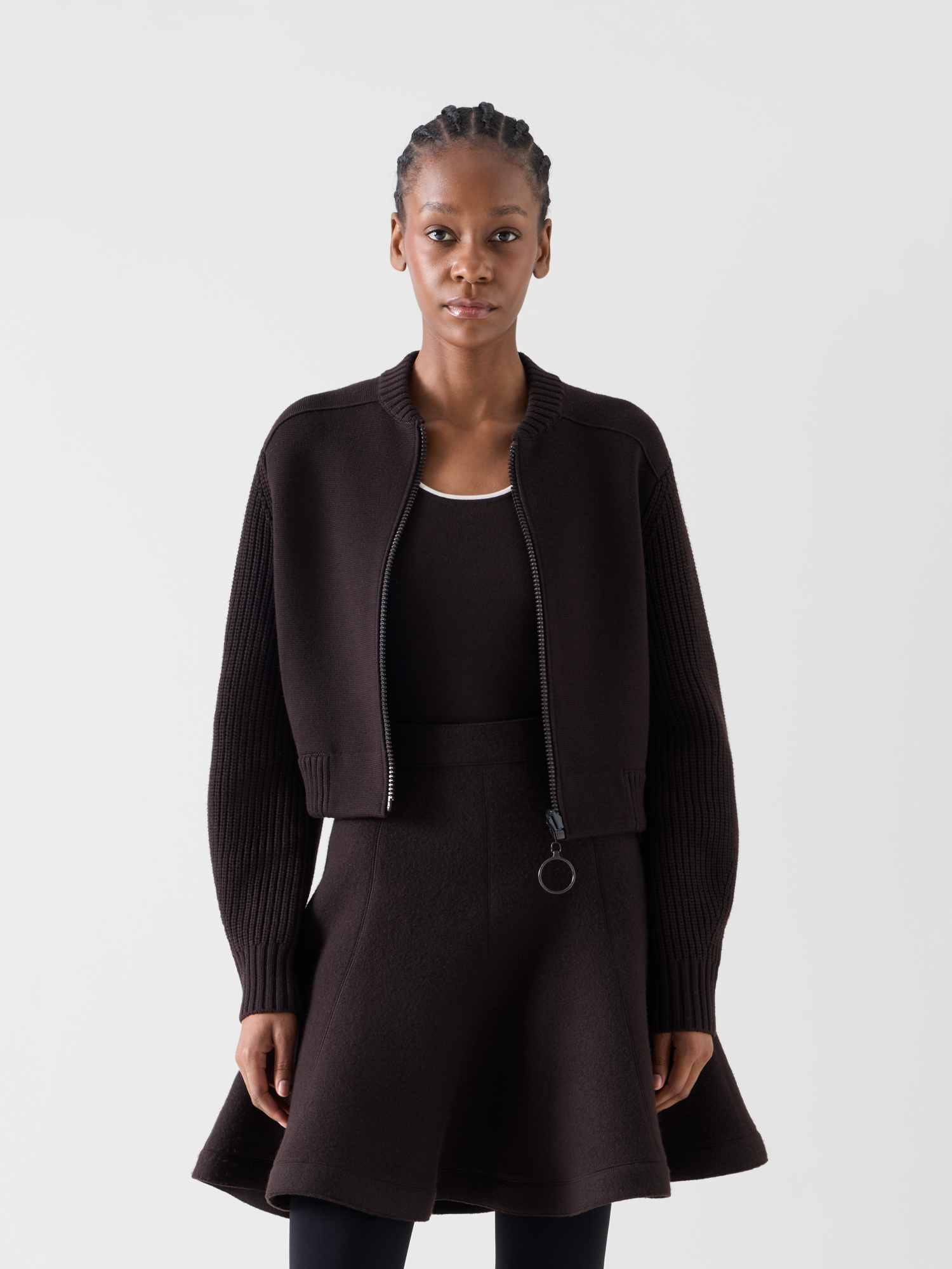 Designer Merino Wool Bomber Cardigan - brown 