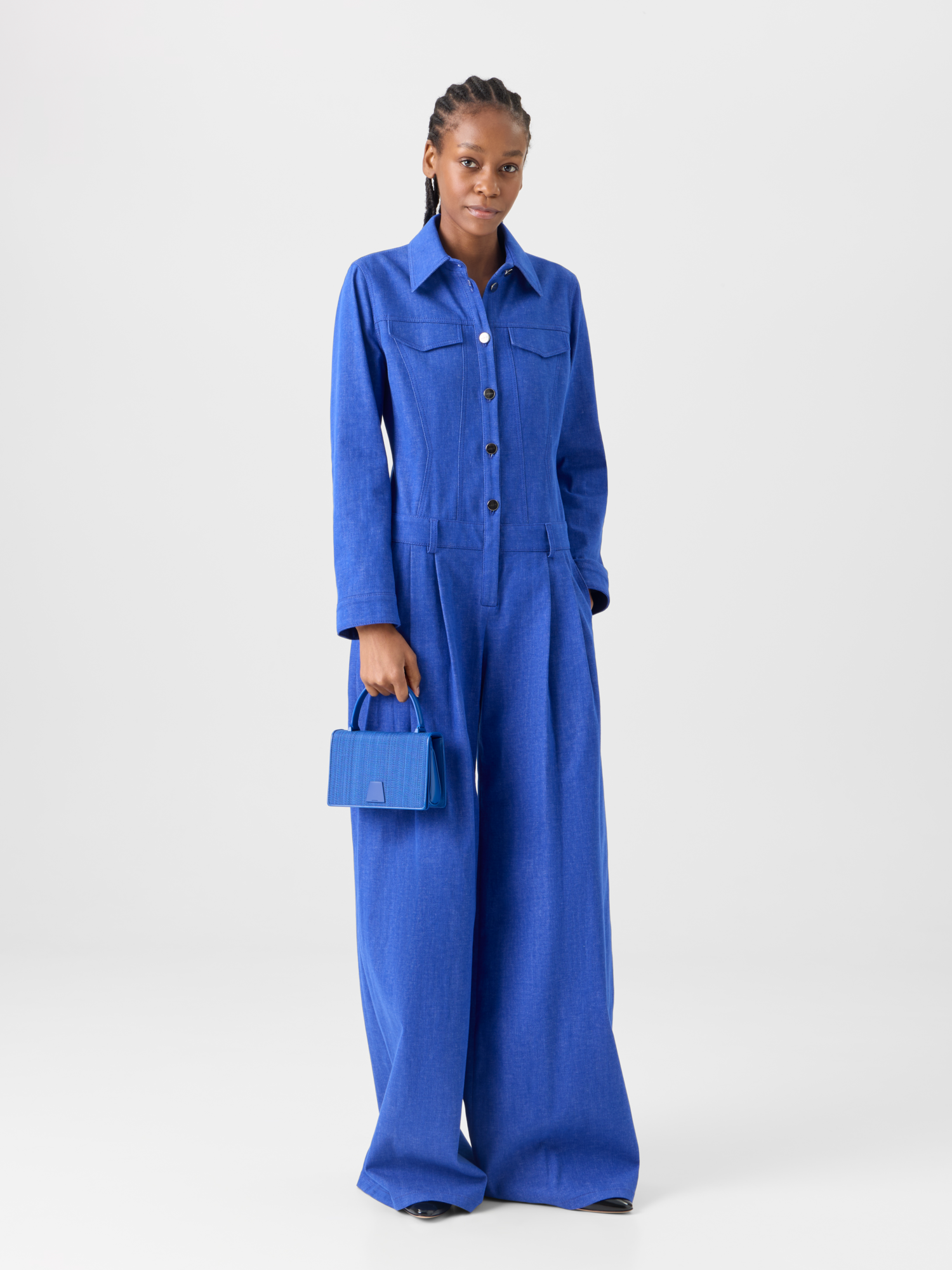 Designer Hellan Fitted Jumpsuit in Cotton Denim - blue 