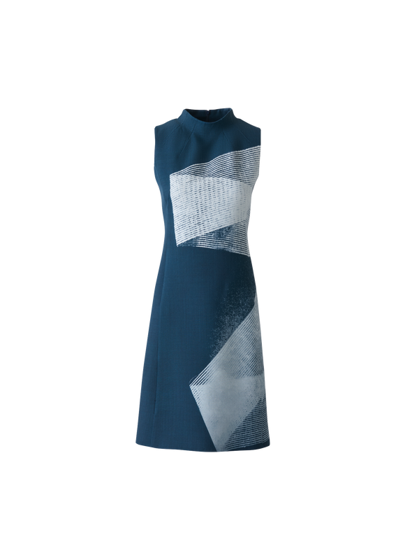 Designer Wool Double-Face Sheath Dress in Zigzag Print - neutral - navy - blue - multicolor