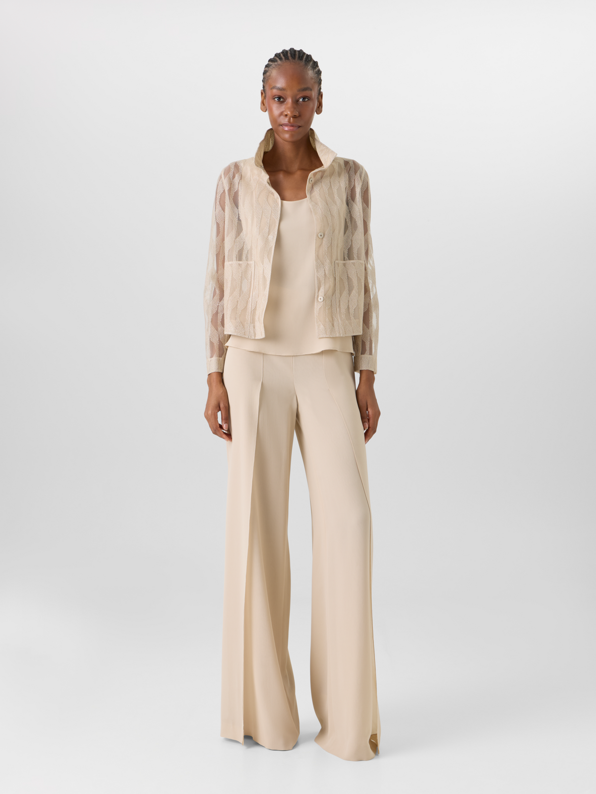 Designer Fellia Wide-Flared-Leg Pants in Silk Georgette - beige #editorial