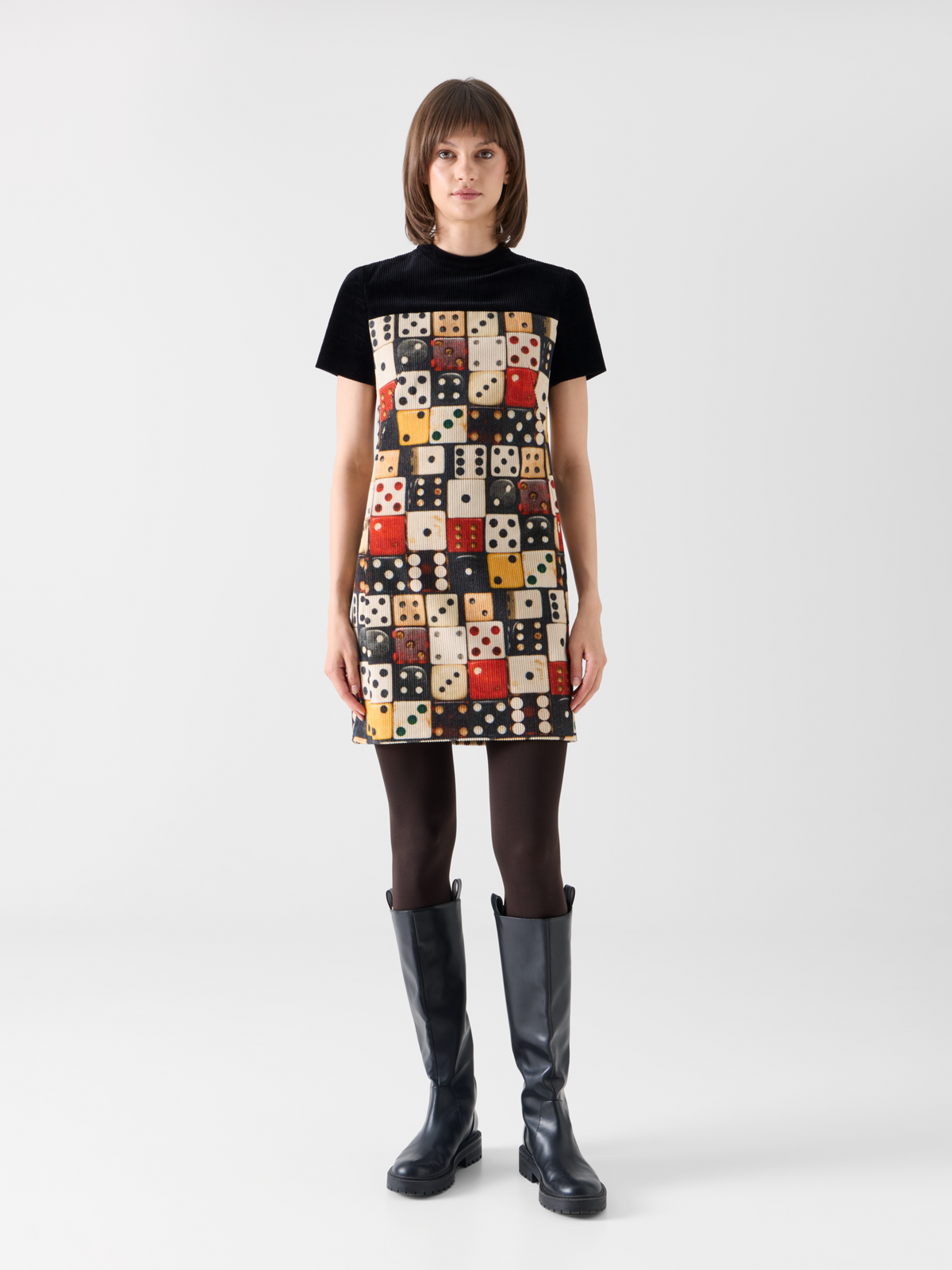 Designer Mini Dress in Cotton Corduroy with Dice Print - multicolor - black #editorial