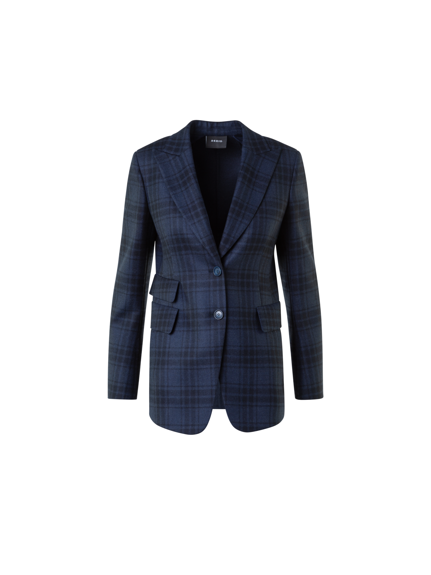 Designer Long Double-Face Plaid Blazer Jacket - neutral - navy - blue