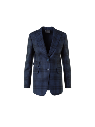 Designer Long Double-Face Plaid Blazer Jacket - neutral - navy - blue