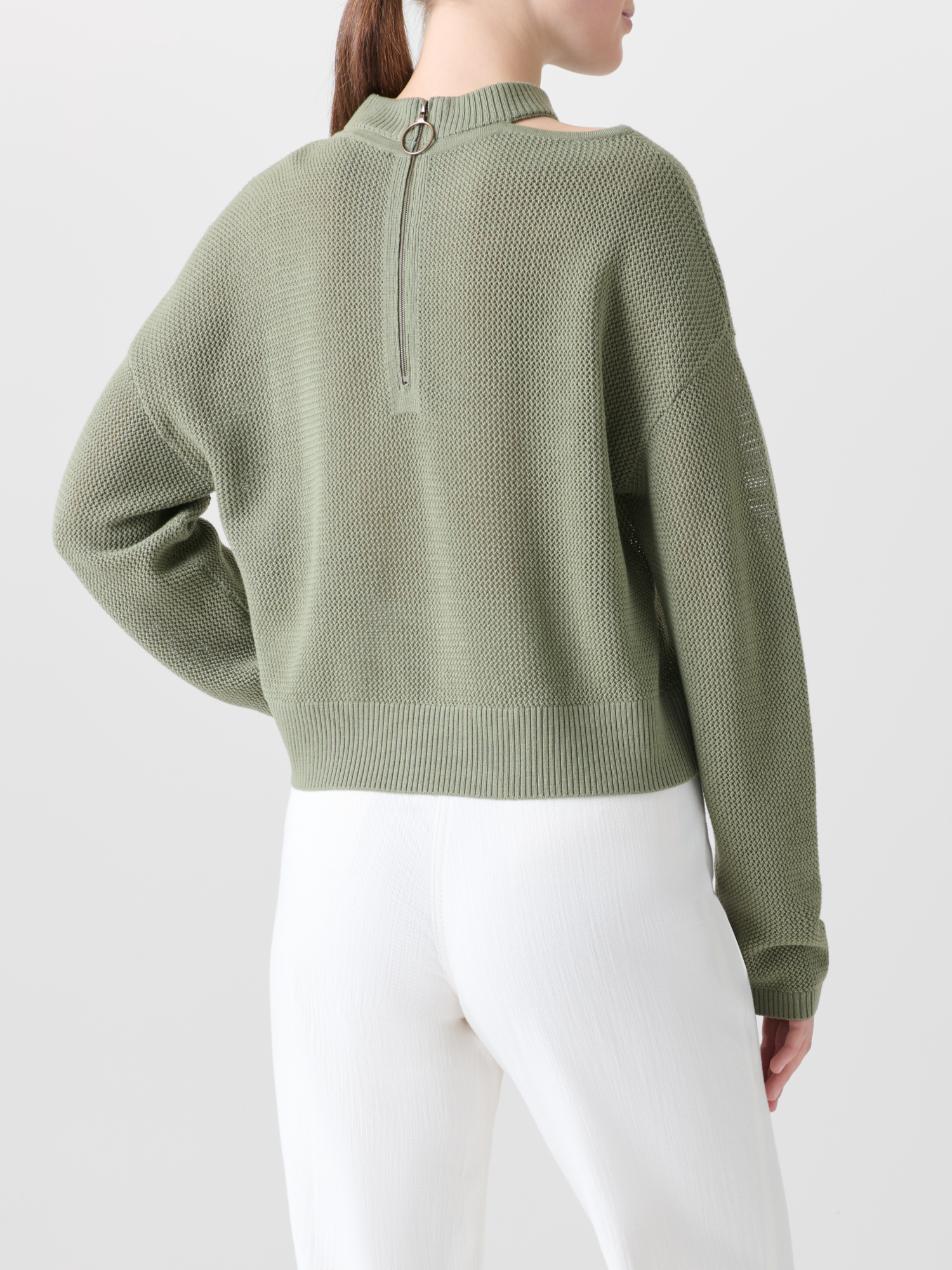 Designer Merino Wool Sweater with Shoulder Cut-Out - neutral - green 