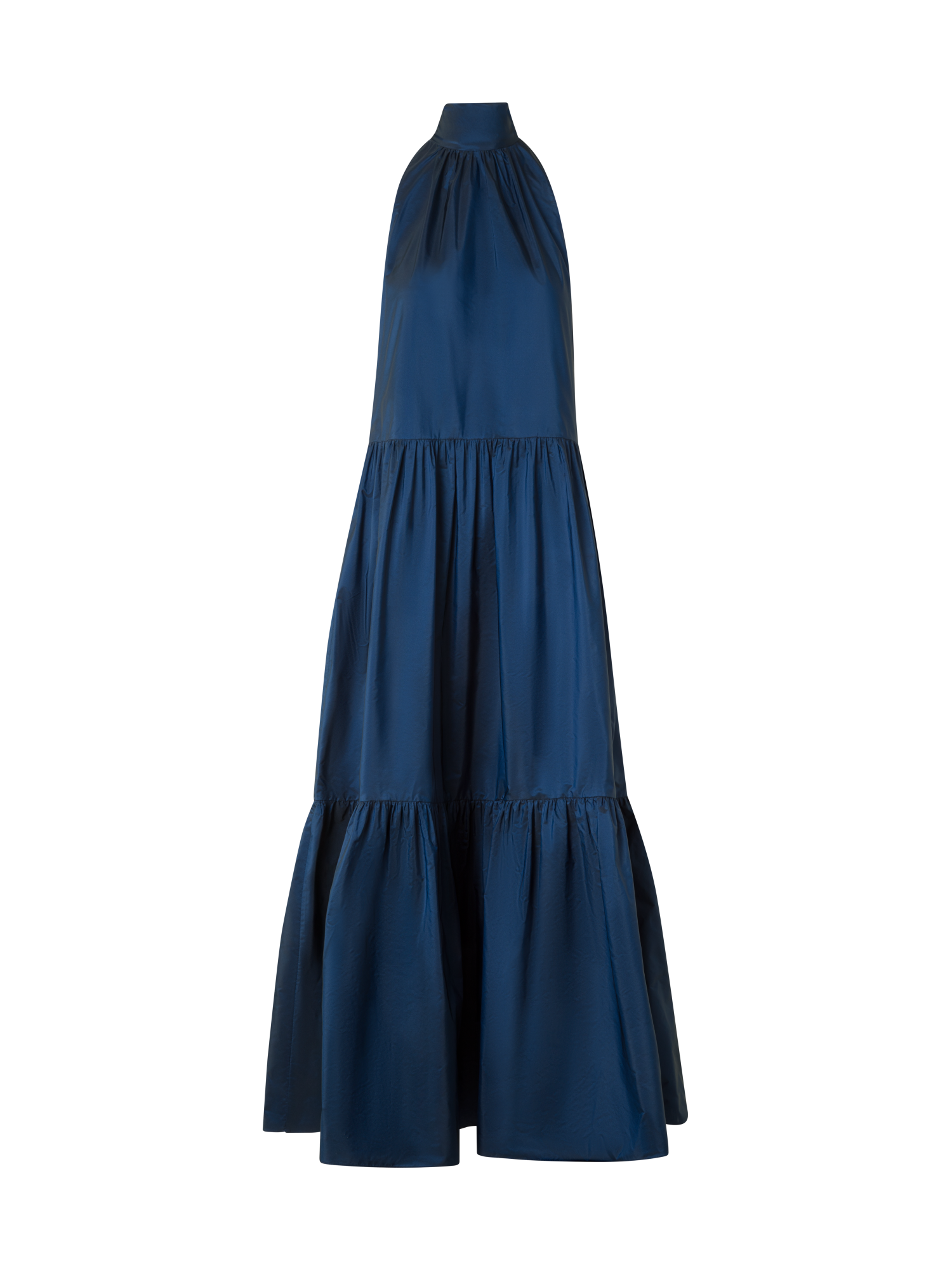 Designer Halter Maxi Dress in Tiered Techno Taffeta - neutral - navy - blue