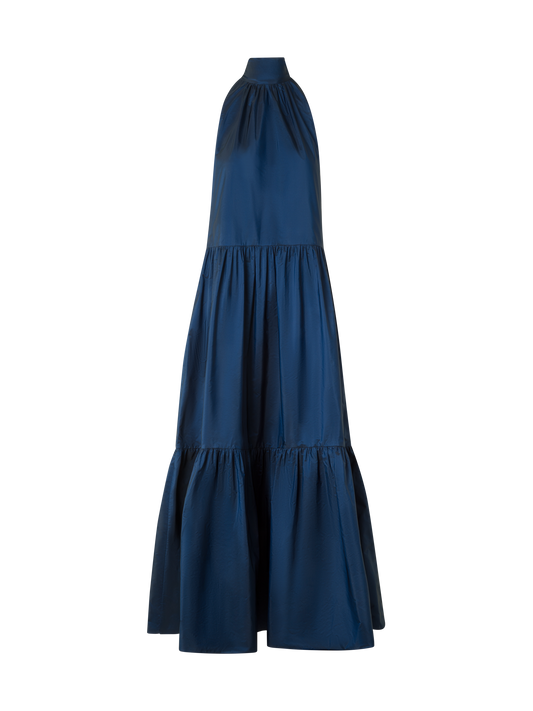 Designer Halter Maxi Dress in Tiered Techno Taffeta - neutral - navy - blue