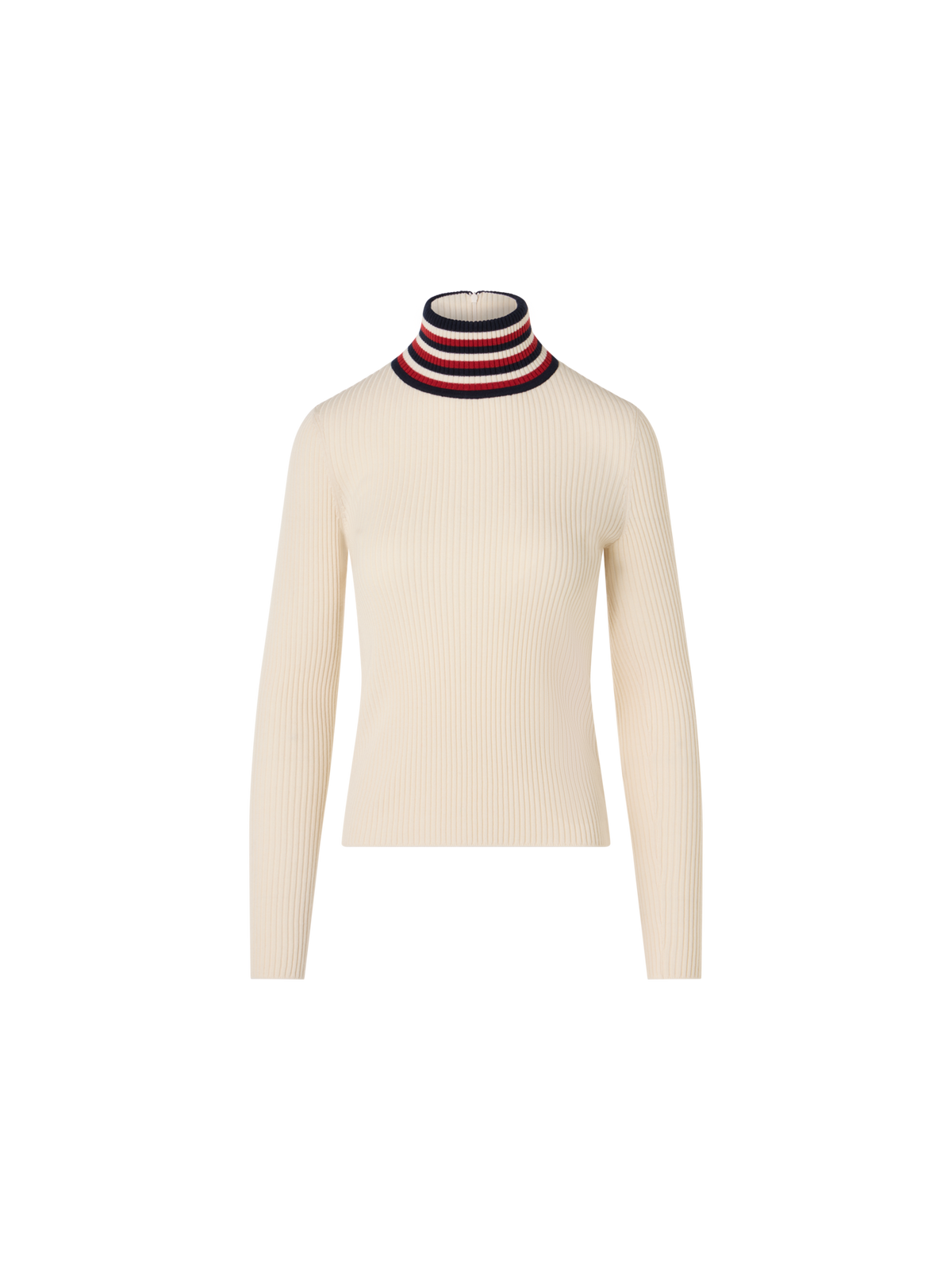 Designer Ribbed Wool Sweater with Striped Collar - ecru