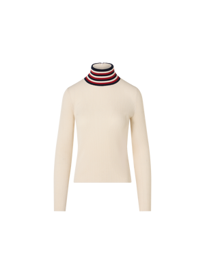 Designer Ribbed Wool Sweater with Striped Collar - ecru