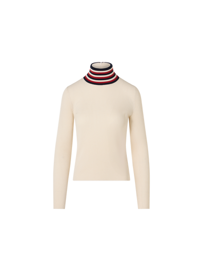 Designer Ribbed Wool Sweater with Striped Collar - ecru