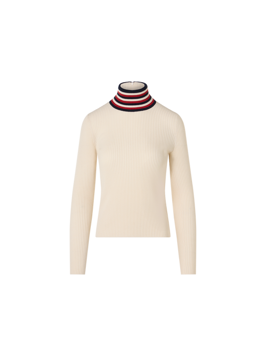 Designer Ribbed Wool Sweater with Striped Collar - ecru