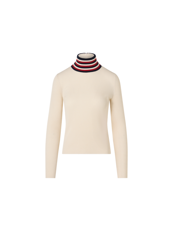 Designer Ribbed Wool Sweater with Striped Collar - ecru