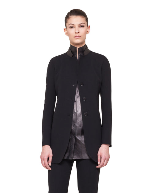 Long Double Face Wool Jacket with a Stand-up Leather Collar
