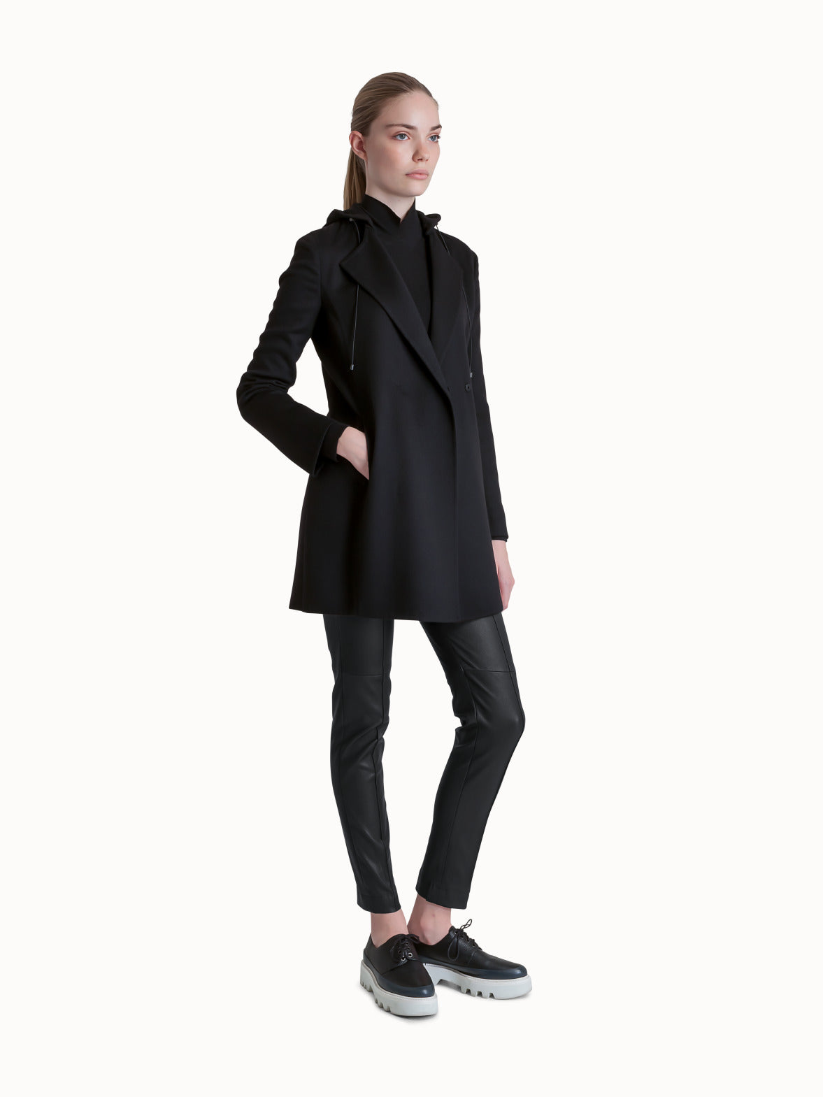 Single Breasted Double Face Wool Coat with Detachable Hood