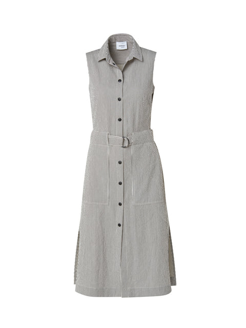Sleeveless Striped Cotton Seersucker Midi Dress