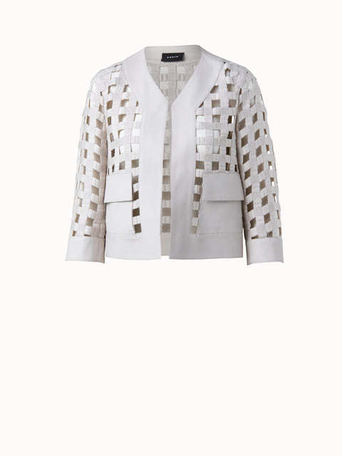 Wool Open Grid Embroidery Leather Trim Jacket
