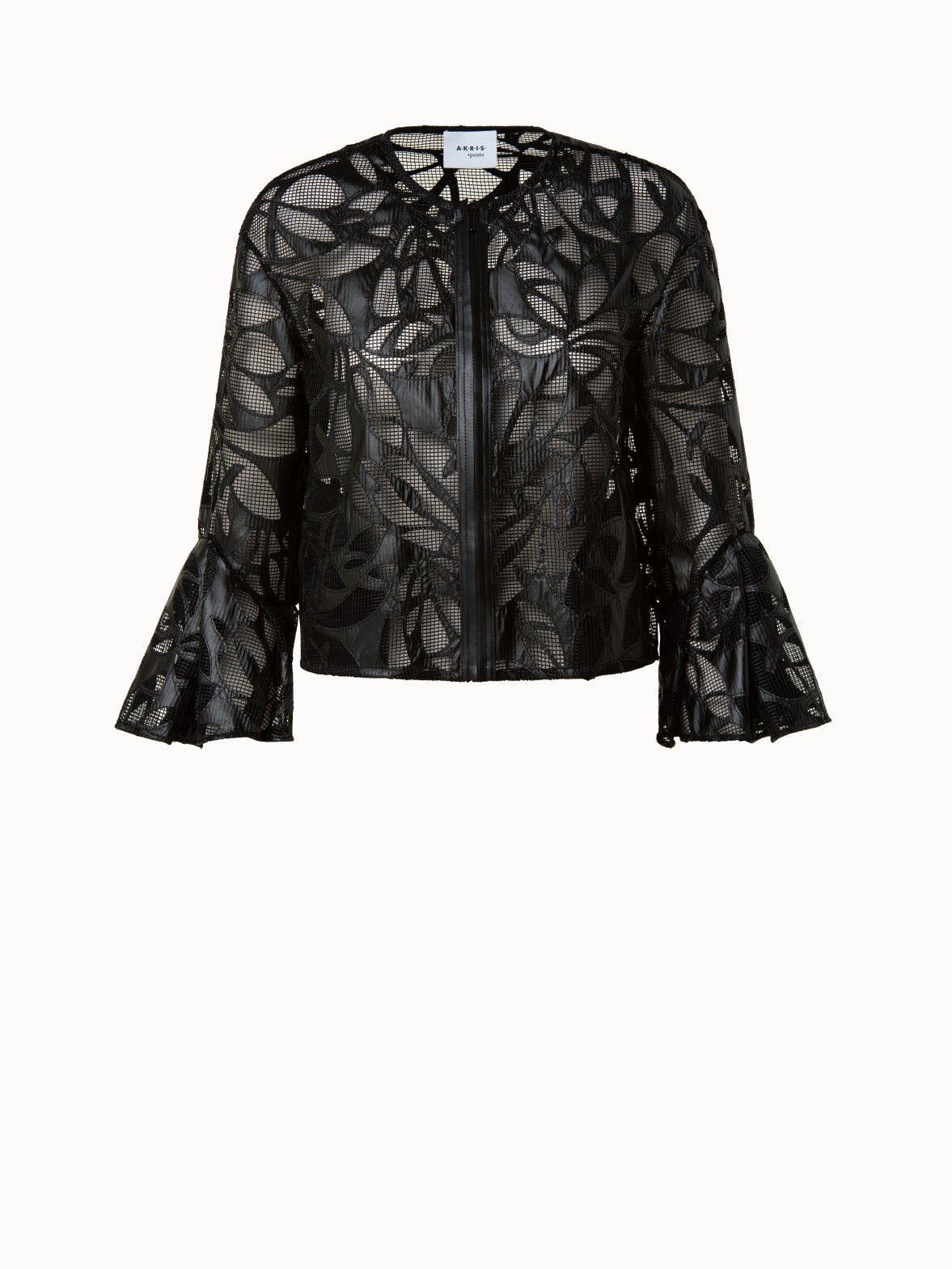 Boxy Jacket in Vegan Leather Leaves Cutouts on Techno Mesh