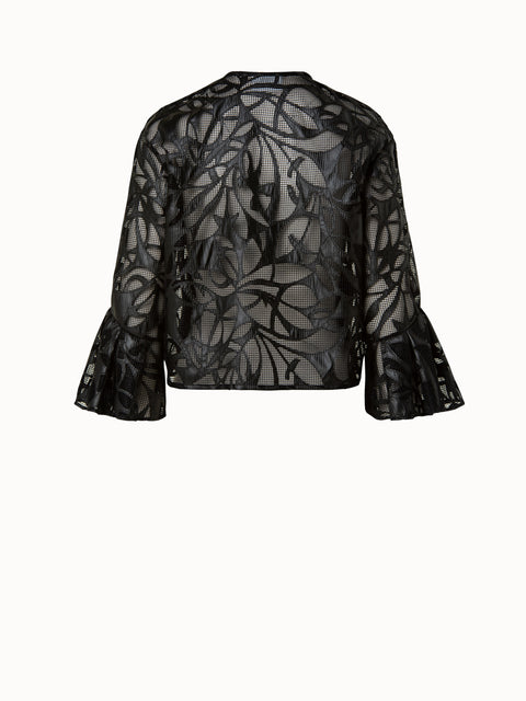 Boxy Jacket in Vegan Leather Leaves Cutouts on Techno Mesh